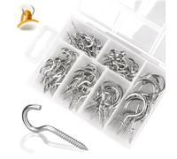 OONOYWOO 75Pcs Ceiling Hooks, Screw Hooks, Small Hooks, Cup Hooks Screw in, Mini Screw Hook, Metal Ceiling Screw Hook for Fairy Lights Hanging Plants, Cups, Art(Silver 6 Sizes)