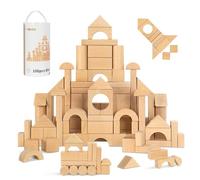 OOOK 100pcs Natural Beech Wood Building Blocks for Toddlers 1-3 | Kids Wooden Blocks with Storage Bucket and Shape Sorter Lid, Preschool Learning Toys for Boys and Girls