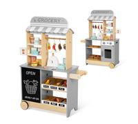 OOOK All-in-One Grocery Store Pretend Play with Chalkboards, Reversible Kids Grocery Store Playset with Oven, Scale, Rolling Wheels, Cash Register and More, for Kids Aged 3+