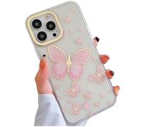 ooooops Glitter Clear Phone Case for iPhone 16 Pro Max Case for Women Girls, Gold Butterflies, Cute Love Heart Shaped Pattern, Slim Hard Protective Cases for iPhone 16ProMax 6.9'' (Pink Butterfly)
