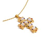 OOOVAVNE Design Gold Stainless Steel Imitation Pearl Colorful Cross Pendant Necklace Unisex Jewelry 1Pcs
