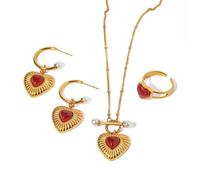 OOOVAVNE Red Agate Heart Stainless Steel Jewelry Sets Necklace Heart Ring And Earrings Sets 1Pcs(JDN2402002)