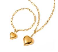 OOOVAVNE Stainless Steel Chubby Heart Paper Clip Chain Bracelet Necklace Set Jewelry For Women 1Pcs(JDN2308057)