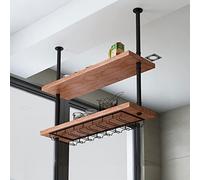 OOPDNEGAK Ceiling Floating Shelf - Ceiling Wine Rack - Kitchen/Bar/Restaurant Wrought Iron Wine Glass Holder - 2 Tier Wall Mounted Solid Wood Storage Rack -floating Shelves(2 layer,100CM)