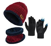 OOPOR Kids Winter Hat Scarf Gloves Set - Warm Thermal Knitted Beanie Cap Snood Neck Warmer Touchscreen Anti-slip Mitten Outdoor Sports Soft Fleece Lining Elastic for Children Boys Girls Red Aged 5-10