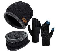OOPOR Winter Hat Scarf Gloves Set - Thermal Warm Knitted Beanie Cap Circle Neck Warmer Touchscreen Glove Outdoor Sports Super Soft Fleece Inner Lining Stretchy Elastic Gift for Men Women Black