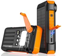 OOPOWEROO Solar Power Bank 20000mAh Built in Hand Crank and 4 Cables 22.5W Fast Charge Power Bank 5 Outputs & 5 Inputs Solar Portable Charger, SOS/Strobe/Strong Flashlights, Carabiner (Orange)