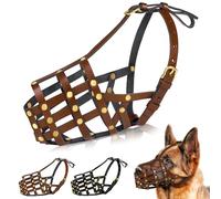 OOPSDOGGY Leather Dog Muzzle for German Shepherd, Leather Breathable Secure Basket Muzzle, Prevents Biting No Chewing Adjustable (Brown, Large)