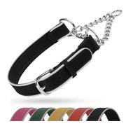 OOPSDOGGY Reflective Leather Martingale Dog Collar - Adjustable No Pull Stainless Steel Chain Training Collar for Small Medium Large Dogs Puppy (Black, Large, 18"-22.5")