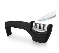 Ooputo Kitchen Knife Sharpener - Professional 3 Stage Manual Sharpeners - Ergonomic Handle and Non-Slip Base - Safe Sharpening Tool - Easily Honing Knives in a Breeze, Black.