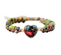 oos Passionate Heart Jasper Bracelet, Natural Healing Energy Stone Bead Braided Bracelets for Anxiety Relief, Handmade Boho Heart Shape Women Chakra Bracelet, Girls Friendship Gifts (Multicolor)