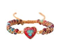 oos Passionate Heart Jasper Bracelet, Natural Healing Energy Stone Bead Braided Bracelets for Anxiety Relief, Handmade Boho Heart Shape Women Chakra Bracelet, Girls Friendship Gifts (Red)