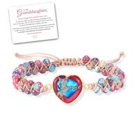 oos To My Granddaughter Love You Forever Jasper Heart Bracelet, Natural Healing Energy Stone Bead Braided BraceletsAnxiety Relief, Adjustable Bracelet Jewelry GiftGranddaughter (Red), 11 inch