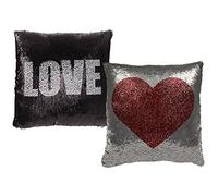 OOTB Red Heart and White Love Sequin Cushion with Zipper, Polyester, Silver/Black, 40 x 40 x 8 cm