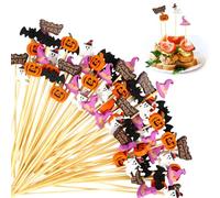 OOTSR 100 Halloween Cocktail Bamboo Sticks, Pumpkin Ghost Bat Toothpicks for Fruit Food Appetizer Drink Decoration, Wooden Fancy Skewers for Halloween Birthday Food Fruit Party Supplies