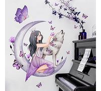 OOTSR Butterfly Girl Wall Stickers,Moon Wolf Flower Fairy Wall Decal,Pink Floral Wall Mural Colorful Butterflies Wall Decor, DIY Removable Vinyl Wall Art for Girls Baby Nursery Bedroom Playroom