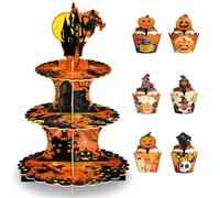 OOTSR Halloween Cupcake Stand Set, 3 Tier Cake Stand with 12 Cupcake Wrappers & 12 Toppers, Halloween Round Cardboard Tower for Party Decorations Dessert Serving Tray