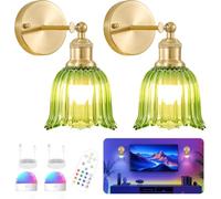 OOWOKS Rechargeable Wall Light Without Mains Connection Gold Set of 2 Cordless Wall Lamp Dimmable with Glass Shade Vintage Bedside Lamp Adjustable with Switch RGB Memory Function Timer Remote Control