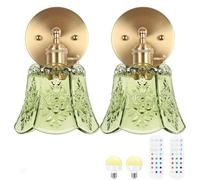OOWOKS Vintage Wall Light, Cordless Indoor E27 Wall Lamp with Remote Control, Retro Adjustable Wall Bedside Lamp with Flower Green Glass Lampshade, 3 Color Temperatures, 12 RGB Modes for Living Room
