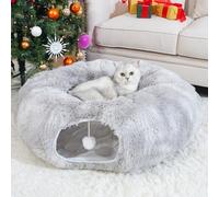OOZAZEMM Cat Tunnel Bed with Washable Cushion, Cat Tunnels for Indoor Cats, Collapsible Cat Donut Tunnel for Medium & Large Cat, Peekaboo Cave Toy, Tie-dye Gray