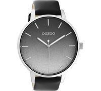 Oozoo Large Women's Watch with Leather Strap and 5-Minute Line Indexes on the Dial 48 mm Diameter in Various Variations, Silver / black, Strap.