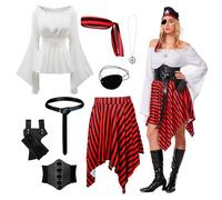 OPAEHJF 8 Pcs Women's Gothic Pirate Halloween Costume Romper Dress Boho Short Jumpsuit Ruffle Jumpsuit Renaissance Corset Dress matching Pirate Accessories (L)