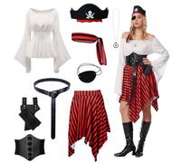 OPAEHJF 9 Pcs Women's Gothic Pirate Halloween Costume Romper Dress Boho Short Jumpsuit Ruffle Jumpsuit Renaissance Corset Dress matching Pirate Accessories (White, L)