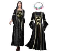 OPAEHJF Renaissance Women Velvet dresses, Medieval Gothic Retro Dress Halloween Irish Vintage Victorian Faire Costumes Cosplay Party (Black, XS)