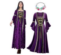 OPAEHJF Renaissance Women Velvet dresses, Medieval Gothic Retro Dress Halloween Irish Vintage Victorian Faire Costumes Cosplay Party (Purple, XS)