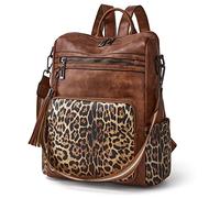 OPAGE Leather Backpack Purse for Women Fashion Tassel Ladies Shoulder Bags Designer Large Travel Backpack Bags, 1-4 Brown With Leopard, 13-in Height, Daypack Backpacks
