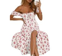 OPAGEE Summer Dress Allover Floral Slit Thigh Tie Front Puff Sleeve Ruched Bust Dress Women Square Neck High Waist-Red,L