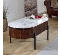 Opal Fluted Coffee Table - 2 Drawer - Oval - White Marble Top - Mango Wood