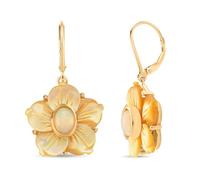 Opal & Yellow Mother of Pearl Flower Earrings in Yellow Gold Plated 925 Sterling Silver - Opal Drop Earrings with Lever-Back Closure - 12.30 Ct Floral Statement Jewellery