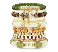 Opalaysria Bohemian Stackable Beaded Stretch Bracelets Set for Women Pale Green Crystal Stone Beaded Bracelets Surfer Heishi Clay Bracelet Stack Earthy Beach Western Boho Chic Summer Jewelry Gift