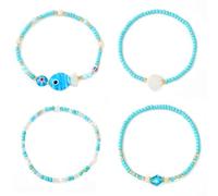 Opalencian 4PCS/set Blue Sea Beach Candy Beads Stackable Bracelet for Women,Dainty Summer Shell Crystal Pearl Ocean Bracelets Cute Good Luck Charm Jewelry Gifts