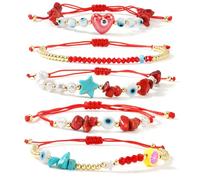 Opalencian 5PCS/set red evil eyes drawstring Bracelet for Women,Dainty gold plated beads Turquoise red crystal bracelet Friendship Good Luck Charm Jewelry Gifts
