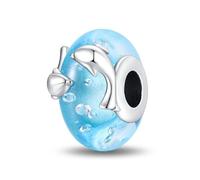Opalescent Ocean Deep Blue Charm 925 Sterling Silver Blue Murano Glass Ocean Charm Sea Turtle Dolphins Mermaid Animal Charms for Pandora Bracelet (Dolphin Glass Beads)