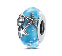 Opalescent Ocean Deep Blue Charm 925 Sterling Silver Blue Murano Glass Ocean Charm Sea Turtle Dolphins Mermaid Animal Charms for Pandora Bracelet (Starfish Glass Beads)