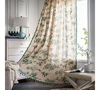 Opaque Flower Curtains Set of 2 - Green Beige Cotton Linen with Tassels Crochet Knitting for Kitchen Living Room Bedroom - Country House Style 150x160 cm
