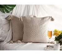 Oparun Box Set of 2 Boho Throw Pillow Covers for Couch, 18 x 18 Inch Cotton Hand-Woven Tufted Decorative Pillows Covers Bedroom Living Room, Farmhouse