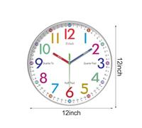 Opatiny Children's Silent Wall Clock for Learning to Tell Time, 10 or 12 Inch, Vibrant Educational Design with Quiet Operation, No Ticking Sound, Easy to Install Without Drilling