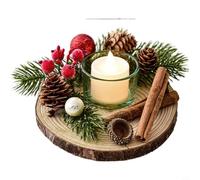 Opatiny Christmas Candle Holder Set in Natural Wood Featuring Pine Cone and Berry Design, Modern Simple Centrepiece Ornament for Holiday Themed Home Decor(A)