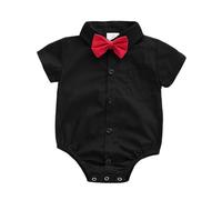 OPAWO Baby Shirt Romper Soft 100% Organic Cotton Newborn Vests, Short Sleeve Bodysuits for Unisex Baby, Bow-tie Button Down Babies T Shirts for Wedding Suit Christening Outfit (Black S,18-24 Months)