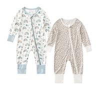 OPAWO Premature Baby Clothes, 2 Pack Baby Pajamas with Mitten Cuffs Bamboo Rayon Super Soft Baby Sleepwear 2-Way Zipper with Easy Accessibility Stretch Fit and Footless (Rainbow/Leopard,0-3 Months)