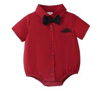 OPAWO Red Shirt Baby, Baby Boy Short Sleeve Bodysuit Dress Vest Bow-tie Button Down T Shirts Gentleman Unisex Baby Grows, 100% Organic Cotton Comfortable for Wedding Party Photo (Red S,3-6 Months)