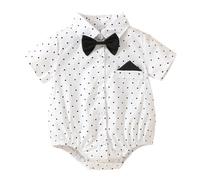 OPAWO Unisex Bodysuits Short Sleeved Baby Vests, Newborn Baby Grow Organic Cotton Bow-tie Button Down for Gentleman Wedding Suit Romper Christening Party Photo (White S,6-9 Months)