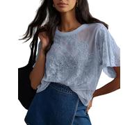 OPCAKM Women's Mesh Tops Y2K Short Sleeve Sheer Lace Embroidered Shirts Layering See Through Blouse, Blue, S