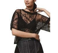 OPCAKM Women's Mesh Tops Y2K Short Sleeve Sheer Lace Embroidered Shirts Layering See Through Blouse, Black, M