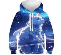 OPCALIS Boys Girls Hoodie Anime Cat 3D Printed Pullover Long Sleeve Sweatshirt Kitten with Pocket Casual Novelty 8-10Y