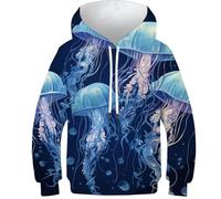 OPCALIS Children's Hoodies Jellyfish with Pockets 3D Printed Sweatshirts Animals Casual Unisex Long Sleeve Pullover Jumper 9-11Y